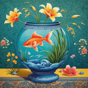 تصویر گرافیکی تنگ ماهی و گل‌های لیلیوم با ترکیب رنگ آبی و زرد برای پوستر دیواری اتاق خواب و چاپ روی ملحفه و کالای خواب