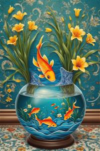 پوستر دیواری عمودی طرح تنگ ماهی و گل‌های زرد لیلیوم برای راهرو و ورودی آپارتمان و چاپ روی تابلوی بوم و پارچه دیواری