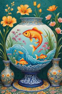 پوستر دیواری نوروز لاکچری طرح تنگ ماهی و گلدان‌های آبی و سفید کلاسیک