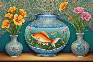 طرح سنتی و هنری ماهی قرمز در تنگ چینی برای دیوارپوش کافه و رستوران سنتی و نوروز