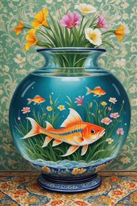 تصویر نوروز فانتزی تنگ ماهی بزرگ با گل‌های رنگارنگ برای پوستر سه بعدی اتاق کودک و مهدکودک و چاپ روی روتختی و کوسن