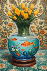 پوستر دیواری نوروز طرح نقاشی آبرنگی گلدان شیشه‌ای و ماهی قرمز مناسب دکوراسیون پذیرایی و اتاق خواب روی متریال پرده چاپی و قاب دکوراتیو