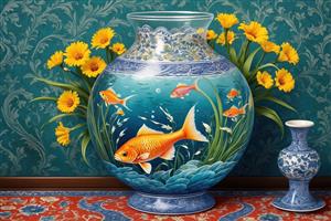 تصویر گرافیکی نوروز ماهی قرمز در تنگ و گلدان‌های آبی برای چاپ پوستر دیواری عمودی و قاب عکس دکوراتیو