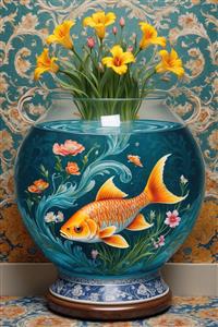 پوستر دیواری سه بعدی ماهی گلی طلایی و گل‌های زرد با پس‌زمینه داماسک برای سالن پذیرایی و ویلا