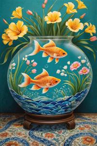 طرح نوروز دو ماهی قرمز در تنگ دایره‌ای با گل‌های زرد برای پوستر دیواری اتاق خواب و نشیمن با سبک سنتی