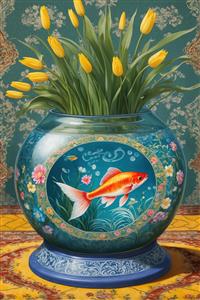 نقاشی تنگ ماهی با حاشیه اسلیمی و گلدان لاله زرد ویژه چاپ پوستر دیواری لوکس و کاغذ دیواری سه بعدی