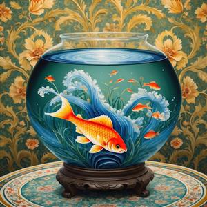 پوستر دیواری هنری نوروز با طرح موج و ماهی قرمز در تنگ بلورین