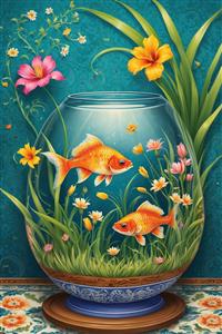 تصویر فانتزی ماهی گلی در تنگ بزرگ پر از شکوفه برای چاپ پوستر نوروز