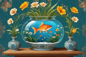 تصویر باکیفیت ماهی قرمز در تنگ شیشه‌ای و گلدان‌های قرینه مناسب برای نوروز