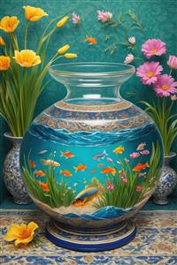 نقاشی هنری تنگ ماهی‌های رنگارنگ و گل‌های زرد برای نوروز