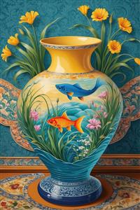 پوستر عمودی گلدان طلایی با طرح ماهی‌های رنگارنگ و پس‌زمینه اسلیمی برای تزیین نوروز