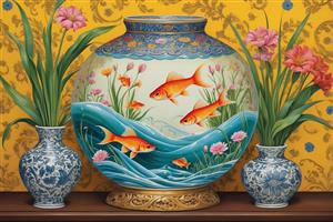 طرح سنتی کوزه سفالی با نقاشی ماهی و گل‌های بهاری مناسب نوروز