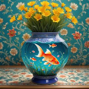 تصویر تزئینی نوروز و تنگ ماهی و گلهای آفتابگردان‌نما با پس‌زمینه گلدار تیره جهت تابلو فرش و پوستر دیواری لوکس