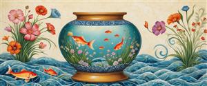 طرح هنری نوروز فانتزی تنگ ماهی بزرگ در میان امواج و گلهای رنگارنگ مناسب پوستر دیواری مهدکودک و اتاق بازی