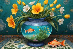 پوستر دیواری نوروز طرح نقاشی گل‌های زرد و تنگ ماهی با پس‌زمینه فیروزه‌ای و نقوش سنتی برای اتاق خواب و پذیرایی