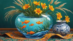 تصویر باکیفیت تنگ ماهی روی میز و گلدان گل‌های زرد برای پوستر نوروز