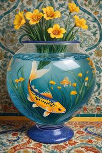 تصویر گرافیکی ماهی کوی در تنگ آب و گل‌های زرد برای تابلوی دکوراتیو بالای تخت و پوستر دیواری راهرو، مناسب نوروز