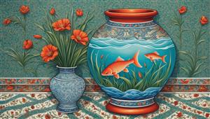 طرح هنری کوزه بزرگ ماهی قرمز و بوته‌های گل لاله در پس‌زمینه سبز تیره برای پوستر نوروز