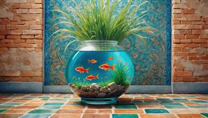 منظره مینیمال تنگ ماهی و گیاه سبز در مقابل دیوار آجری قدیمی مناسب نوروز