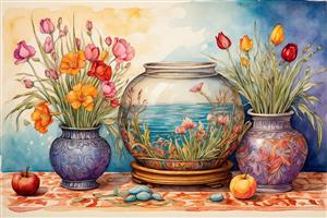 چیدمان هنری تنگ ماهی و گلدان‌های تزیینی با میوه‌های پاییزی جهت چاپ تابلو نوروز