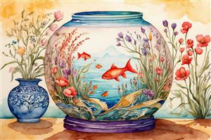 تصویر آبرنگی ملایم از تنگ ماهی و شکوفه‌های بهاری مناسب برای دکوراسیون نوروز