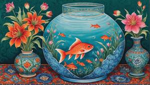 نقاشی فانتزی ماهی قرمز بزرگ در تنگ آب با گل‌های زنبق و لاله هماهنگ با نوروز