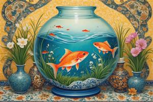 تصویر گرافیکی باکیفیت از رقص ماهی‌های قرمز در تنگ آب و گلهای معطر برای نوروز