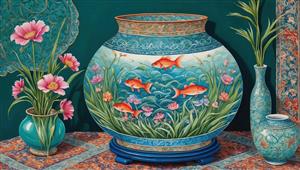 طرح لوکس کوزه بزرگ ماهی و گل‌های صدتومانی صورتی ویژه نوروز