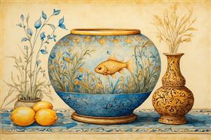 طرح سنتی کوزه سفالی و تنگ ماهی با نقش و نگار اسلیمی ویژه نوروز