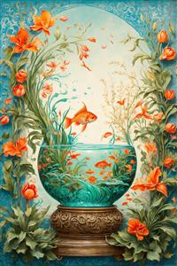 طرح تذهیب و مینیاتور ماهی گلی در تنگ آب با گل‌های نارنجی مناسب نوروز