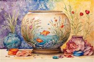 نقاشی آبرنگی طبیعت بیجان با تنگ ماهی و گلبرگ‌های پراکنده مناسب نوروز