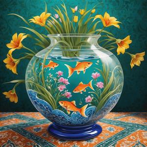 طرح سه بعدی تنگ ماهی و گلهای زنبق نارنجی ایده‌آل برای نوروز