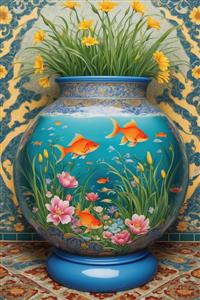 تصویر باکیفیت کوزه سفالی پر از ماهی و گلهای زرد ویژه نوروز