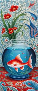 نقاشی مینیاتور ماهی قرمز و گلهای سرخ فانتزی مناسب نوروز