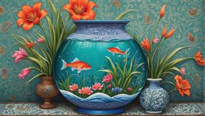 طرح اسلیمی و مدرن تنگ ماهی با گل‌های سوسن نارنجی برای چاپ نوروز