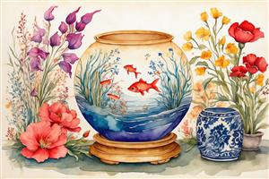 تصویر آبرنگ آرامش‌بخش از حرکت ماهی در تنگ شیشه‌ای ویژه نوروز