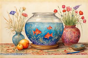 طرح طبیعت بی‌جان با تنگ ماهی و گلدان‌های سفالی مناسب برای نوروز