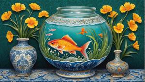 پوستر دیواری لوکس طرح تنگ ماهی بزرگ و گل‌های زرد طلایی برای نوروز