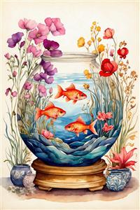 نقاشی فانتزی آکواریوم و گل‌های رنگارنگ مناسب برای چاپ نوروز