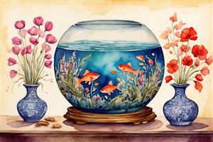 تصویر هنری آبرنگی از تنگ شیشه‌ای ماهی و گلدان‌های مینیاتوری ایده‌آل برای تابلوهای نوروز