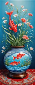 پوستر دیواری طرح سنتی کوزه چینی با ماهی قرمز و گل‌های شقایق مناسب دکوراسیون نوروز