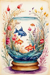 نقاشی آبرنگ ماهی گلی و گل‌های بهاری مناسب نوروز