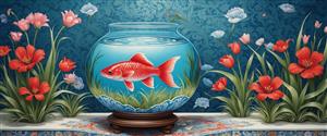 پوستر دیواری عریض با تم اقیانوس و ماهی قرمز در تنگ شیشه ای میان گل های قرمز برای نوروز