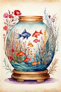 تصویر مینیمال و آرام از رقص ماهی‌ها در تنگ شیشه‌ای گرد مناسب برای نوروز