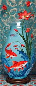 طرح عمودی لوکس گلدان ماهی با گل‌های لاله قرمز و پس‌زمینه داماسک ویژه دکوراسیون نوروز
