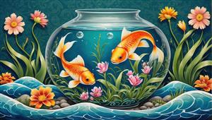 تابلو دکوراسیون مدرن با طرح ماهی‌های نارنجی و امواج آب در تنگ شیشه‌ای مناسب برای نوروز