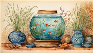 طرح آبرنگی سنتی تنگ ماهی و گلدان‌های سفالی زیبا ایده‌آل برای پوستر نوروز