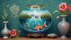 منظره مینیاتوری داخل تنگ ماهی با پس‌زمینه فیروزه‌ای و گل‌های لوتوس برای نوروز