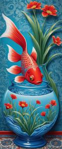 پوستر دیواری عمودی با طرح ماهی قرمز بزرگ و گل‌های لیلیوم در تنگ آبی برای دکوراسیون نوروز