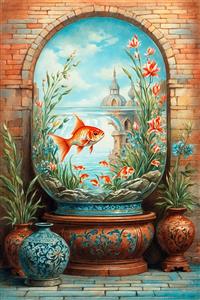 طرح پنجره سنتی با نمای تنگ ماهی و گنبد برای پوستر دیواری سه بعدی نوروز